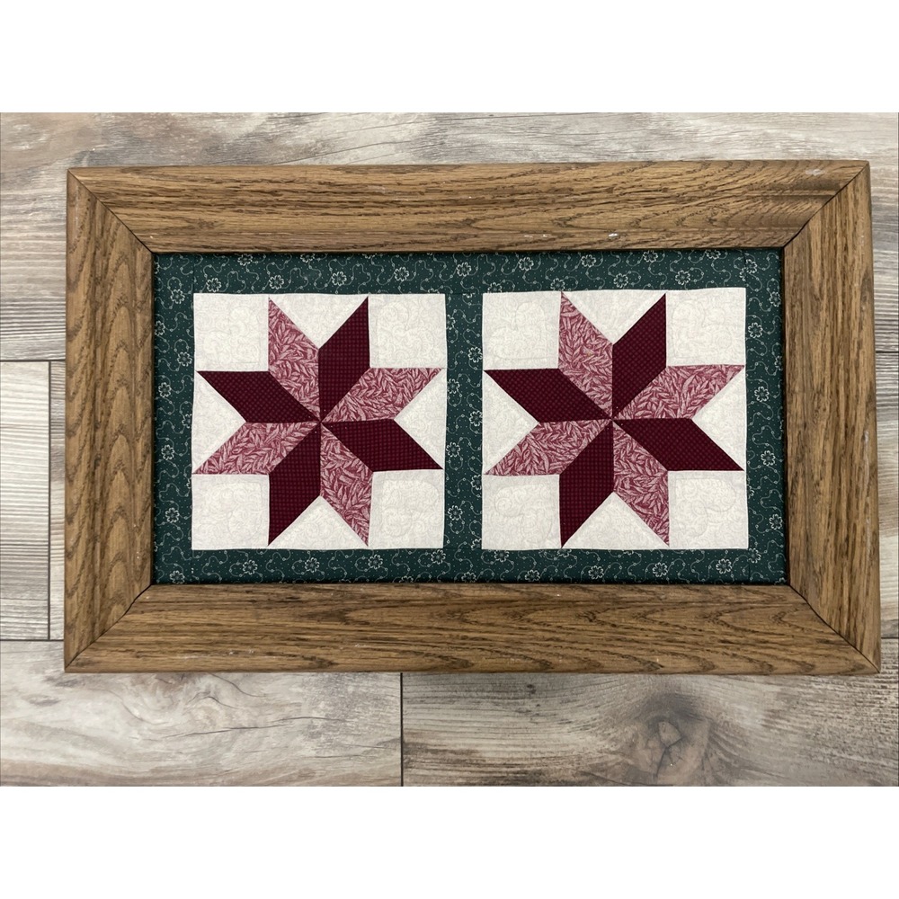 Wood Framed Quilt Squares LeMoyne Star Pattern Farmhouse Wall Art 13x21